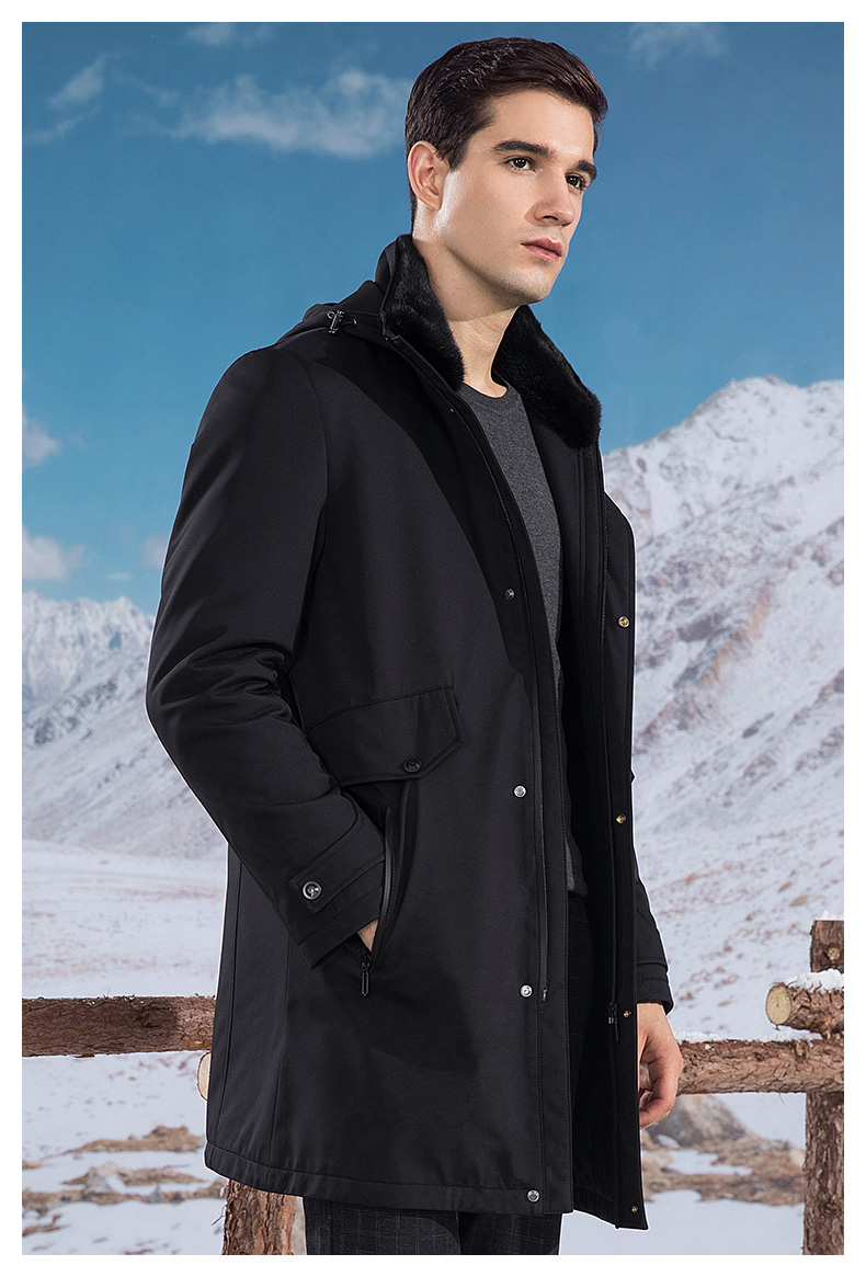 雪豹2019冬季新品男士水貂毛皮内胆休闲商务连帽中长款外套