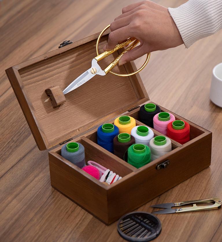 针线盒套装便捷家用手工针线包大号复古实木针线收纳盒结婚陪嫁用