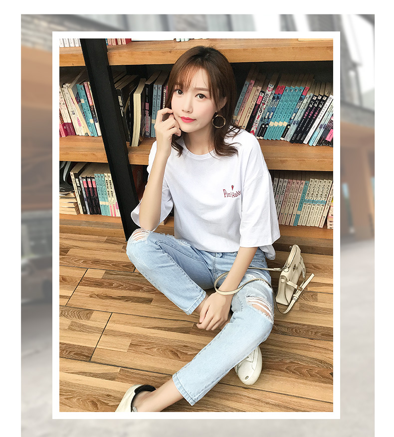 浅色破洞烂牛仔裤女韩版学生宽松显瘦直筒裤九分阔腿乞丐哈伦裤潮