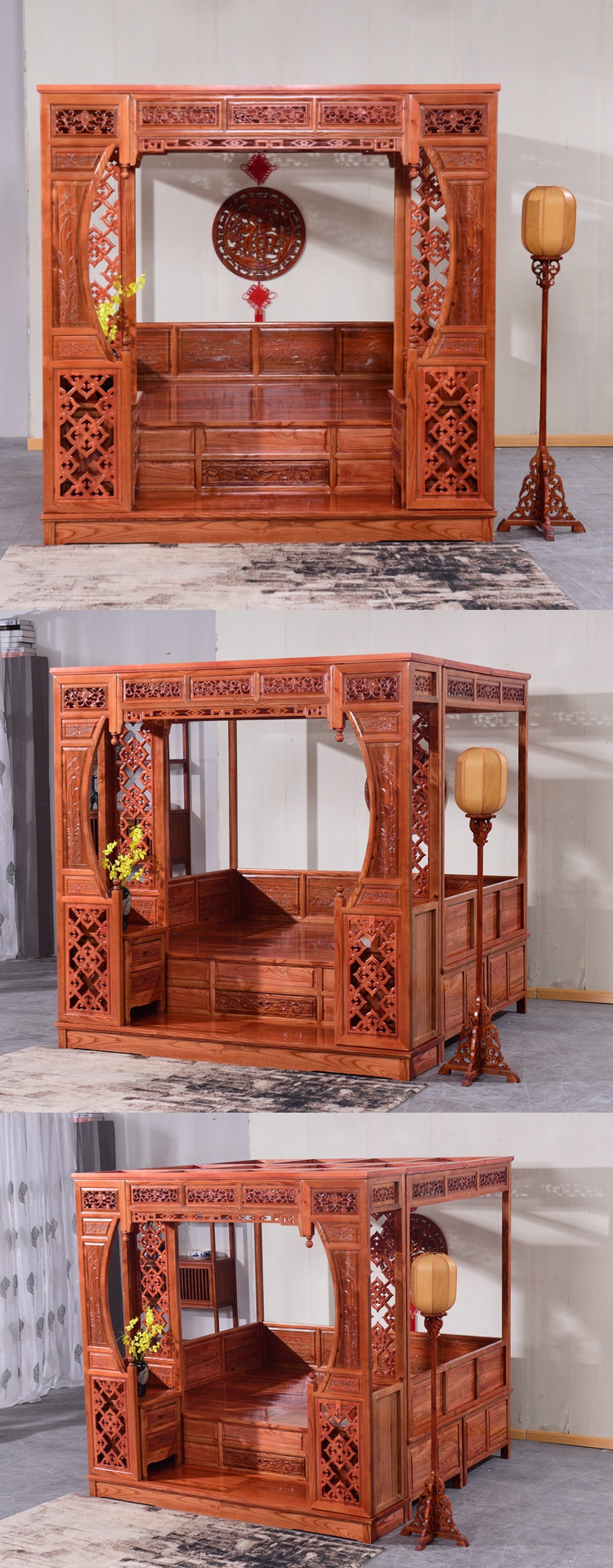 老式花床红花梨仿古中式月洞踏步床实木架子床明清复仿古典代床【价格