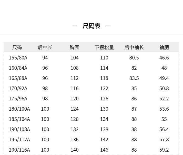 羽绒服充绒量对照表图片