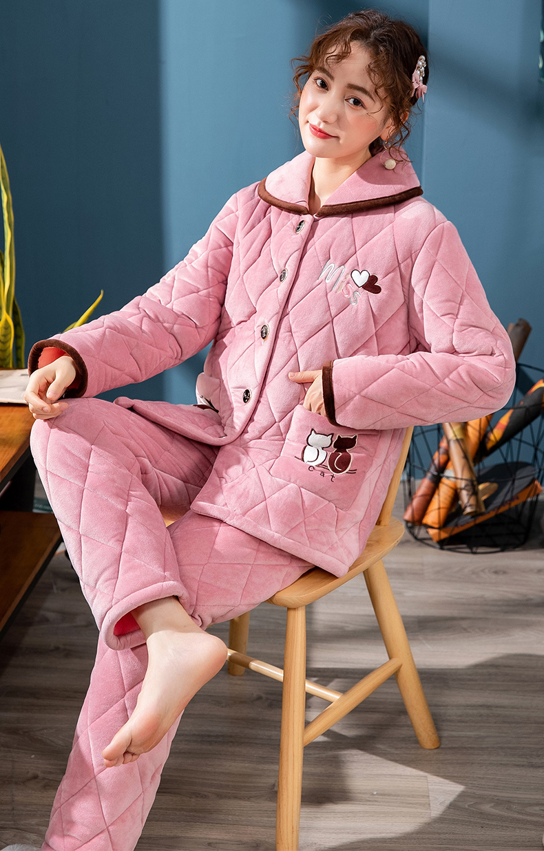 南极人睡衣女秋冬季三层夹棉珊瑚绒可爱加厚保暖法兰绒家居服套装