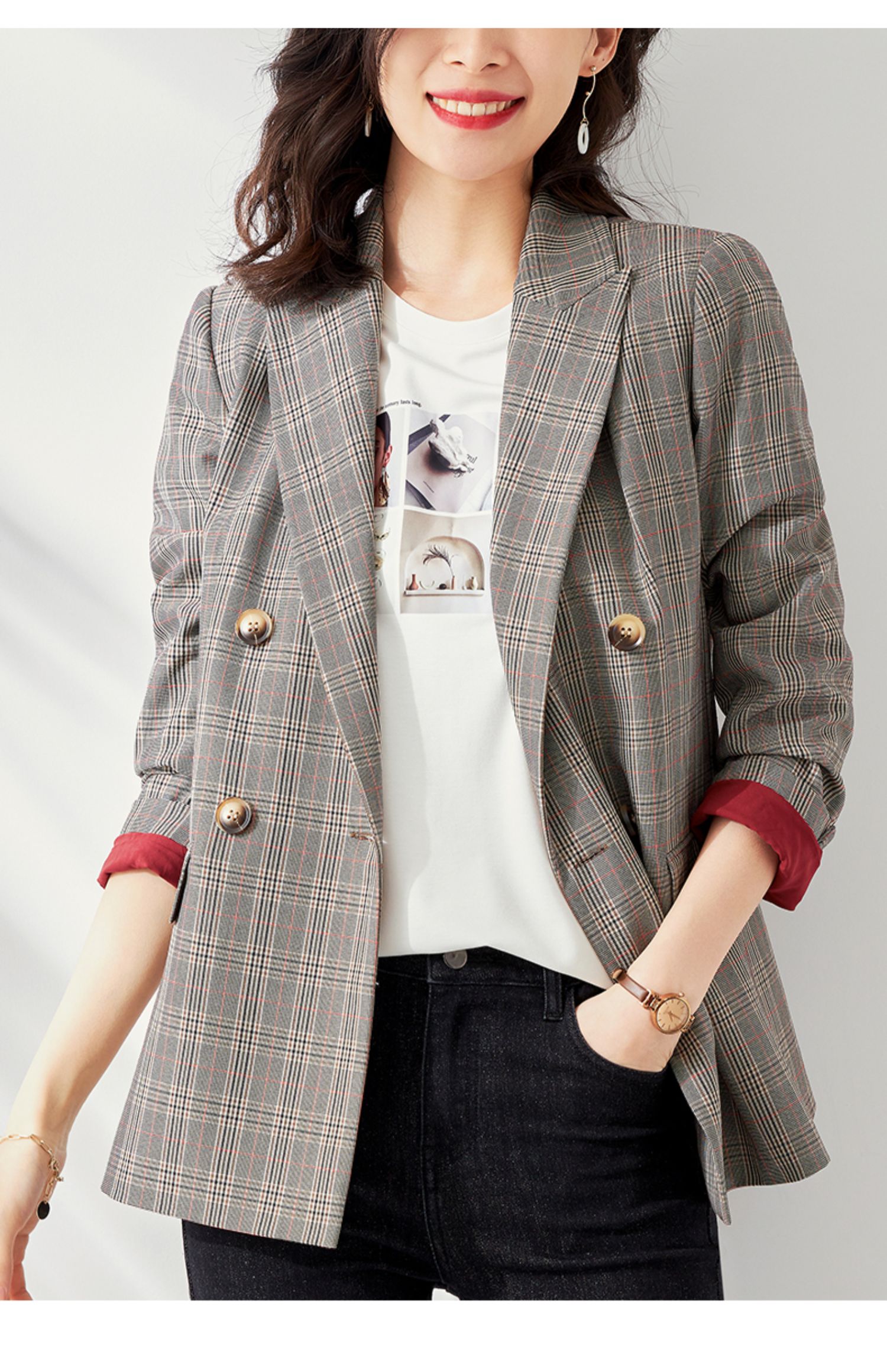 欧莎(osa)女士夹克 osa气质ol职业格子小西装外套女秋冬2020年新款