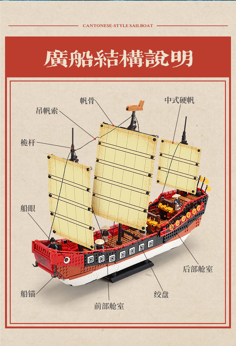 星堡新款xb古船广式帆船红头船中式帆船仿真船模型积木玩具