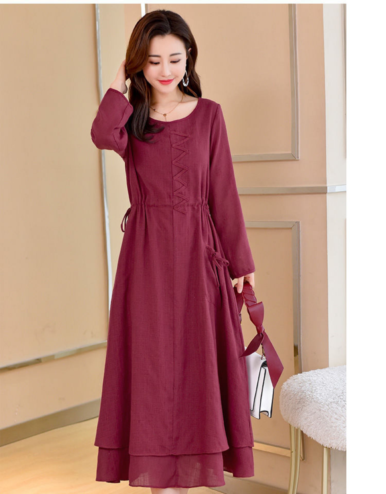 春秋棉麻连衣裙复古原创假两件大码女装气质收腰显瘦中长裙子文艺