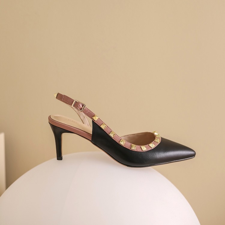 格瑞迪欧v家尖头铆钉一字带高跟鞋超高中跟绑带真皮凉鞋柳丁鞋伴娘婚