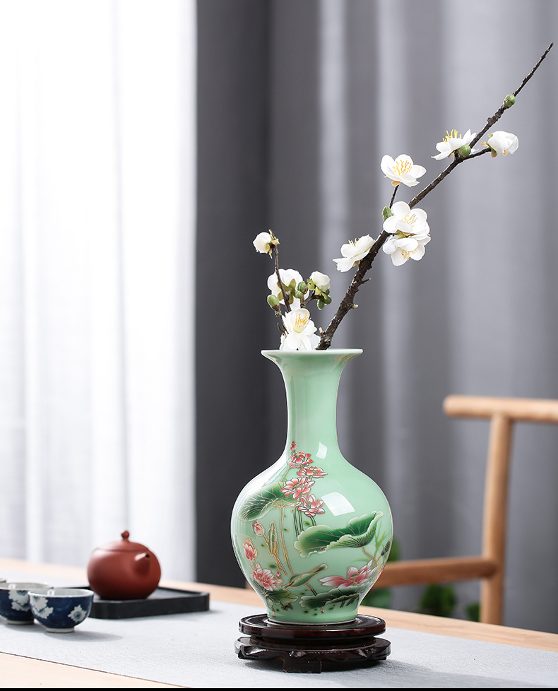 景德镇陶瓷器花瓶摆件客厅插花干花仿古荷花图家居饰品手工工艺品三维