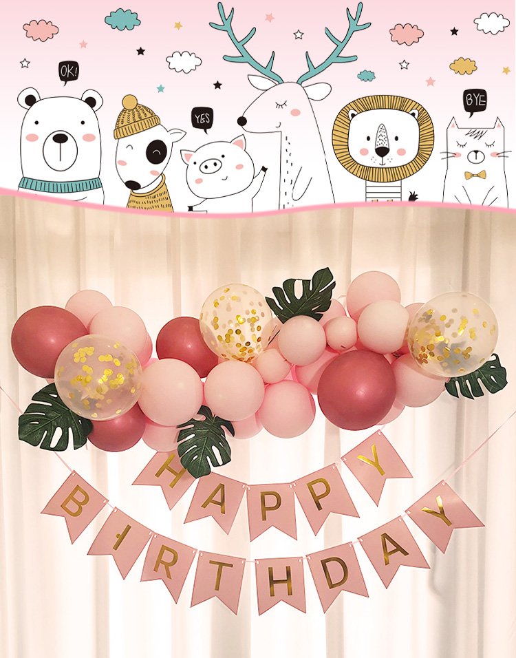 女宝宝生日派对气球装饰品一周岁场景布置女孩背景墙海报定制名字