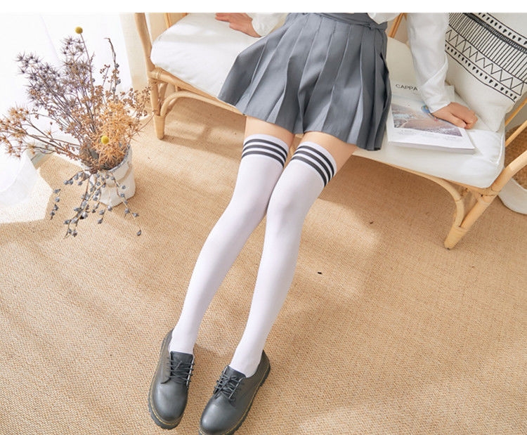 suntek夏季可穿]长筒袜学生条纹过膝袜半截白色大腿袜薄丝袜中筒袜女