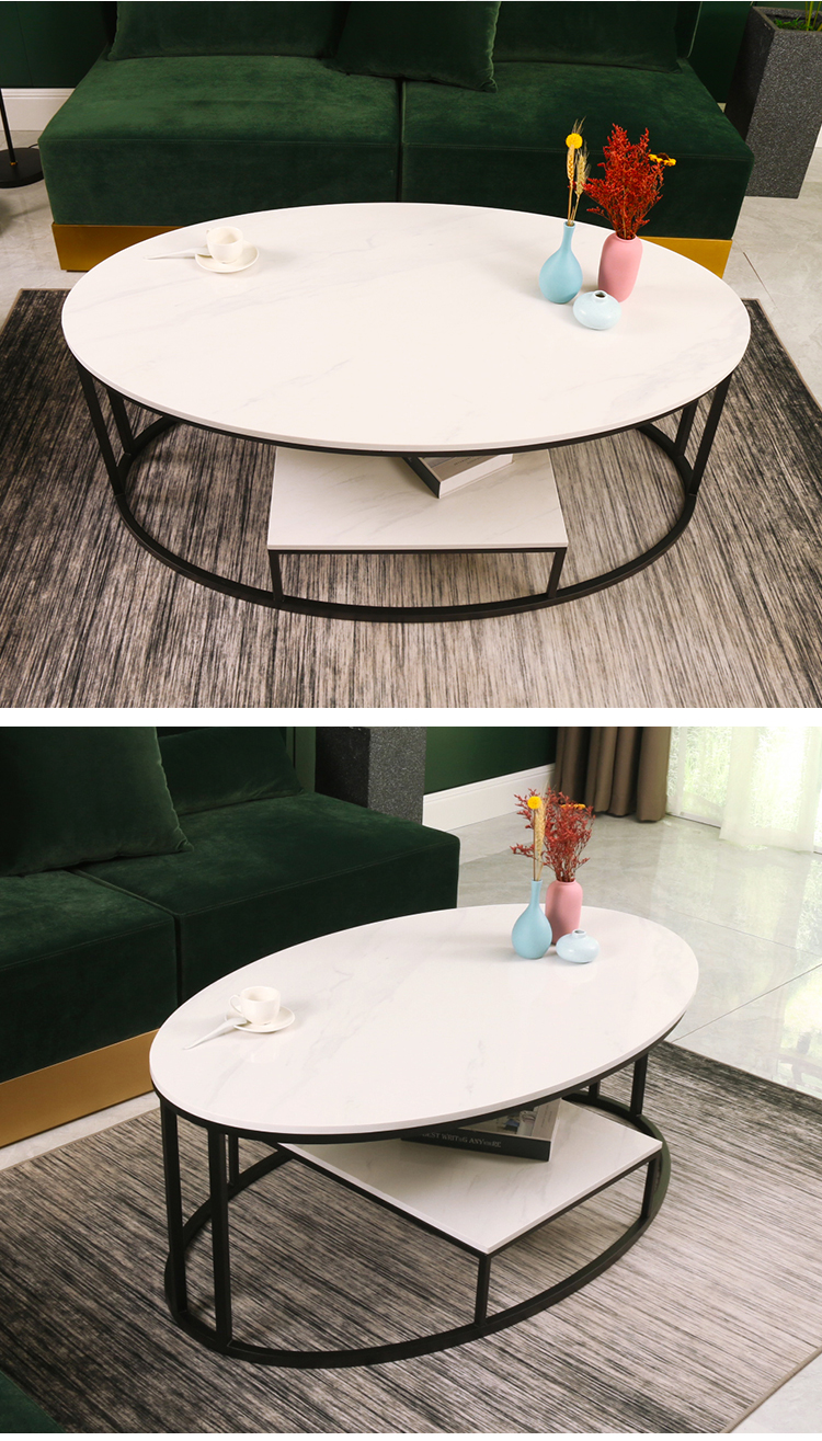杞沐大理石茶几台面轻奢北欧小户型后现代简约创意椭圆形双层铁艺茶桌
