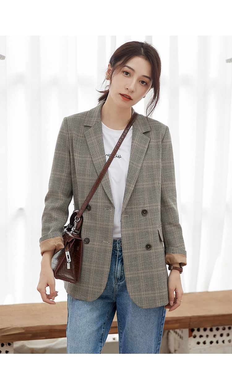 暖青汇女士西服 格子西装外套女韩版2020春秋装新款英伦风宽松休闲