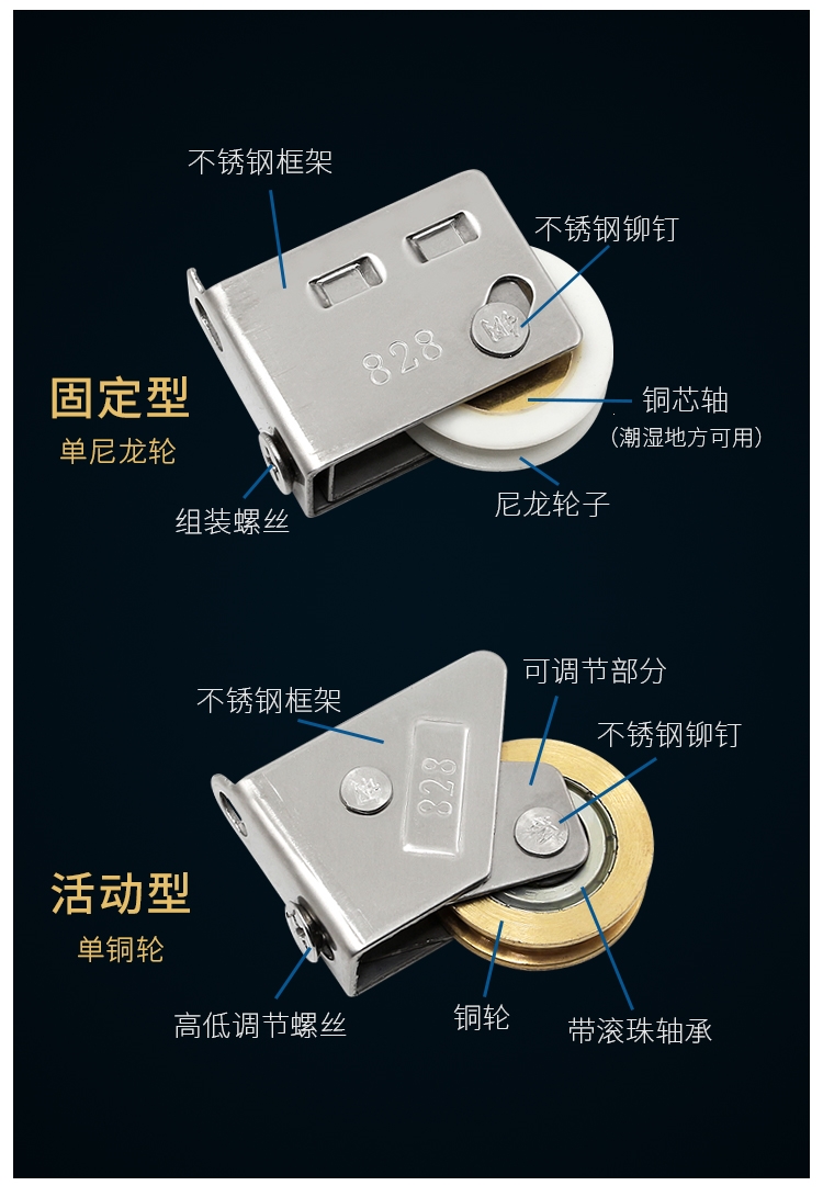 闪电客门配件828 4个装828型老式铝合金门窗滑轮闪电客不锈钢移门轮