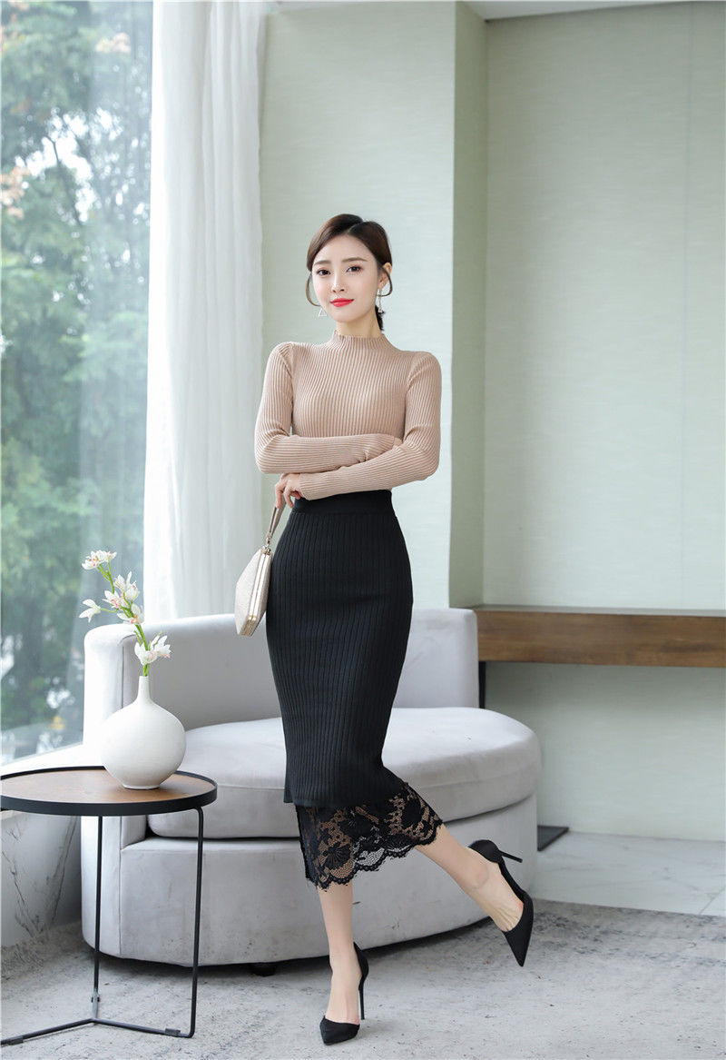 春季中长款针织半身裙女两面穿蕾丝开叉包臀裙一步裙威珺
