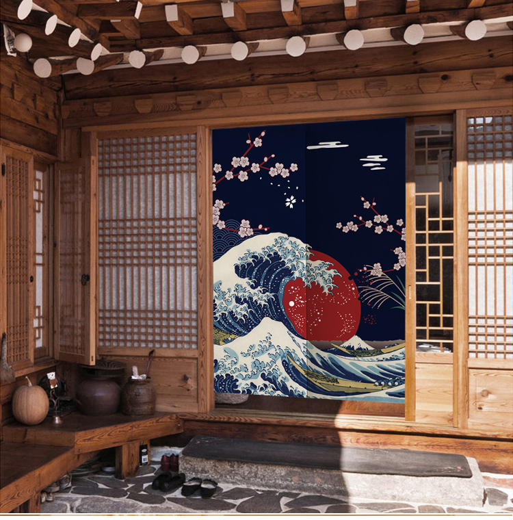 日本浮世绘神奈川日式帘半帘隔断帘布艺卧室布帘厨房防油烟半帘