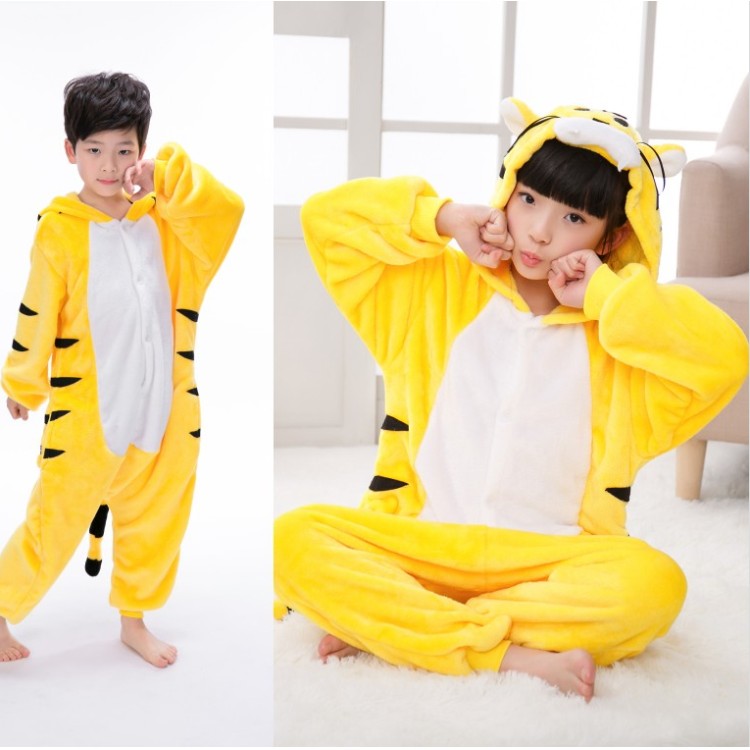 秋冬法兰绒儿童卡通动物老虎连体睡衣表演家居服亲子情侣装黄老虎100