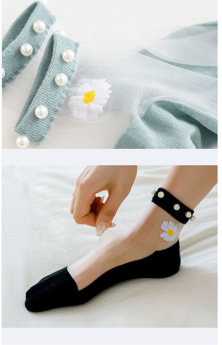 小雏菊袜子女短袜夏季薄款浅口水晶船袜玻璃丝学生潮流珍珠袜网红