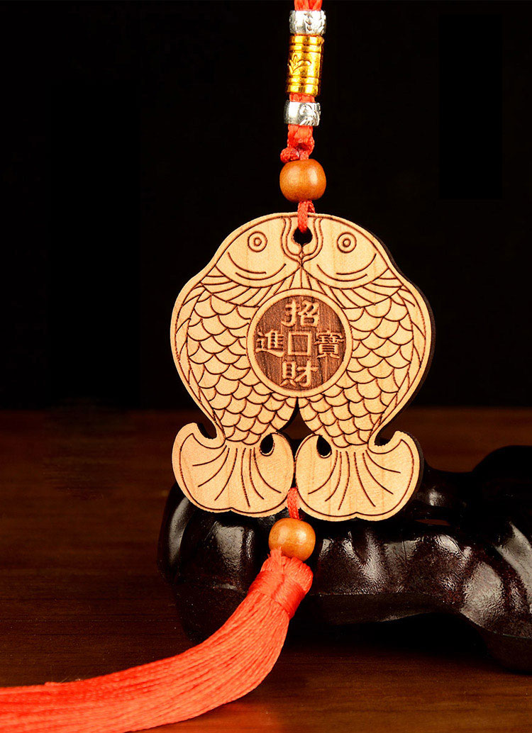 宏图好运桃木富贵鱼挂件双鱼葫芦木雕对窗客厅门玄关家居挂件