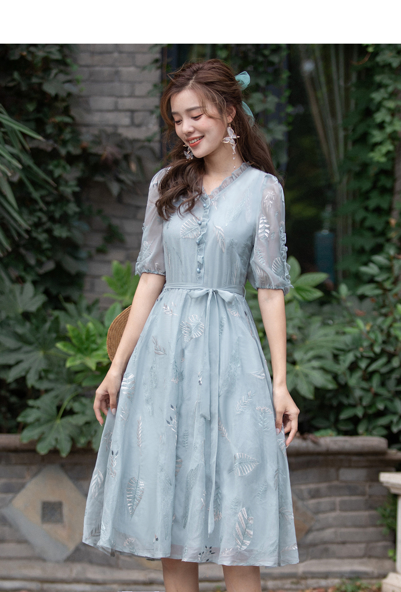 烟花烫文艺绣花连衣裙2021新款春夏款收腰系带雪纺裙子jy 永和
