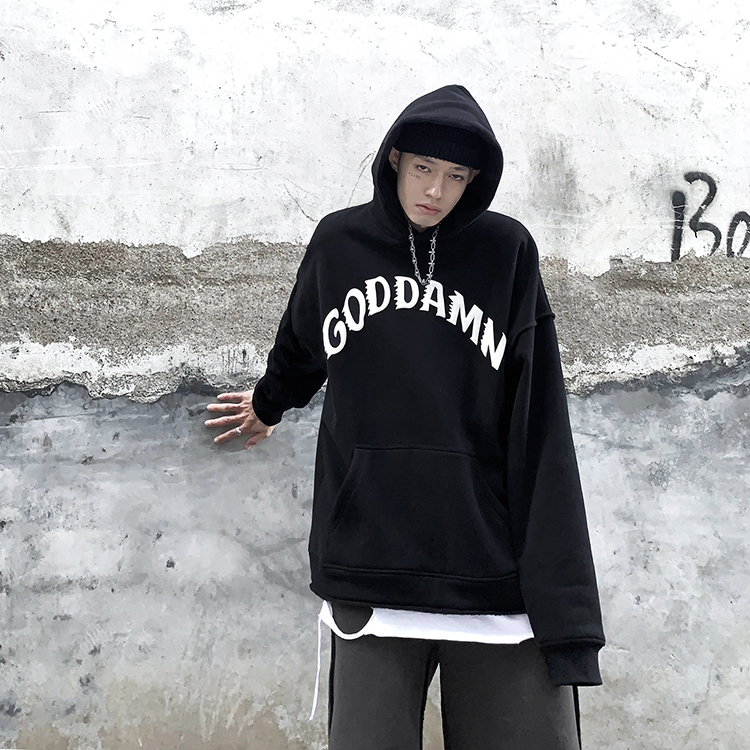 newlake黑衣先生冬季加绒发泡印花幻影字母连帽卫衣男oversize欧美