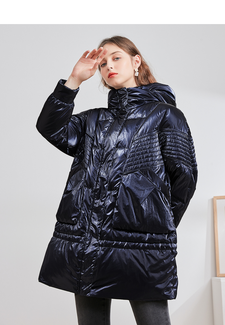 三彩2020冬季新款连帽中长款羽绒服白鸭绒宽松外套