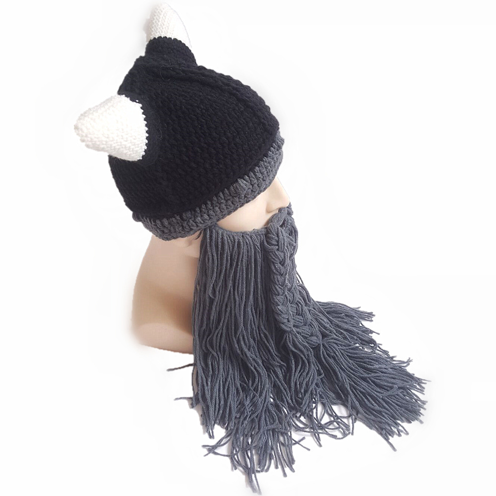 祥世恒吉万圣节秋冬牛角帽子手工大胡子毛线帽