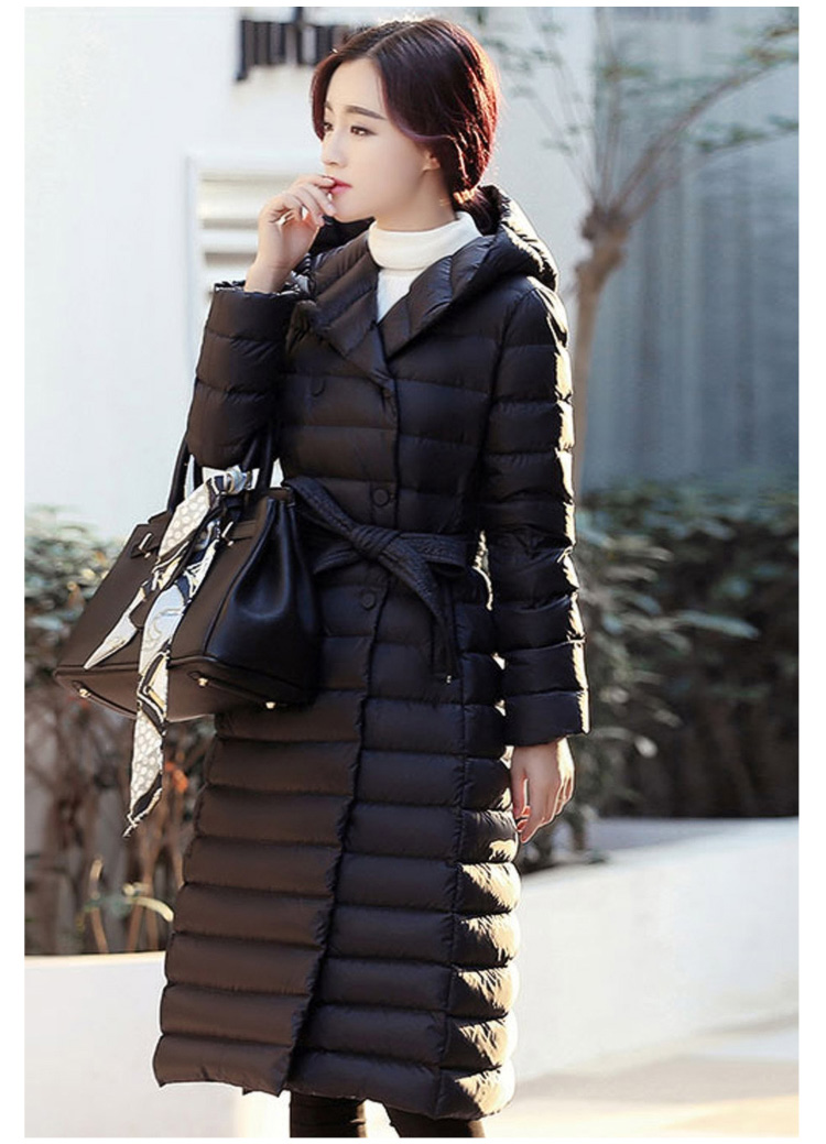 丝柏舍2019冬装女装时尚修身连帽细条纹长款纯色羽绒服036866