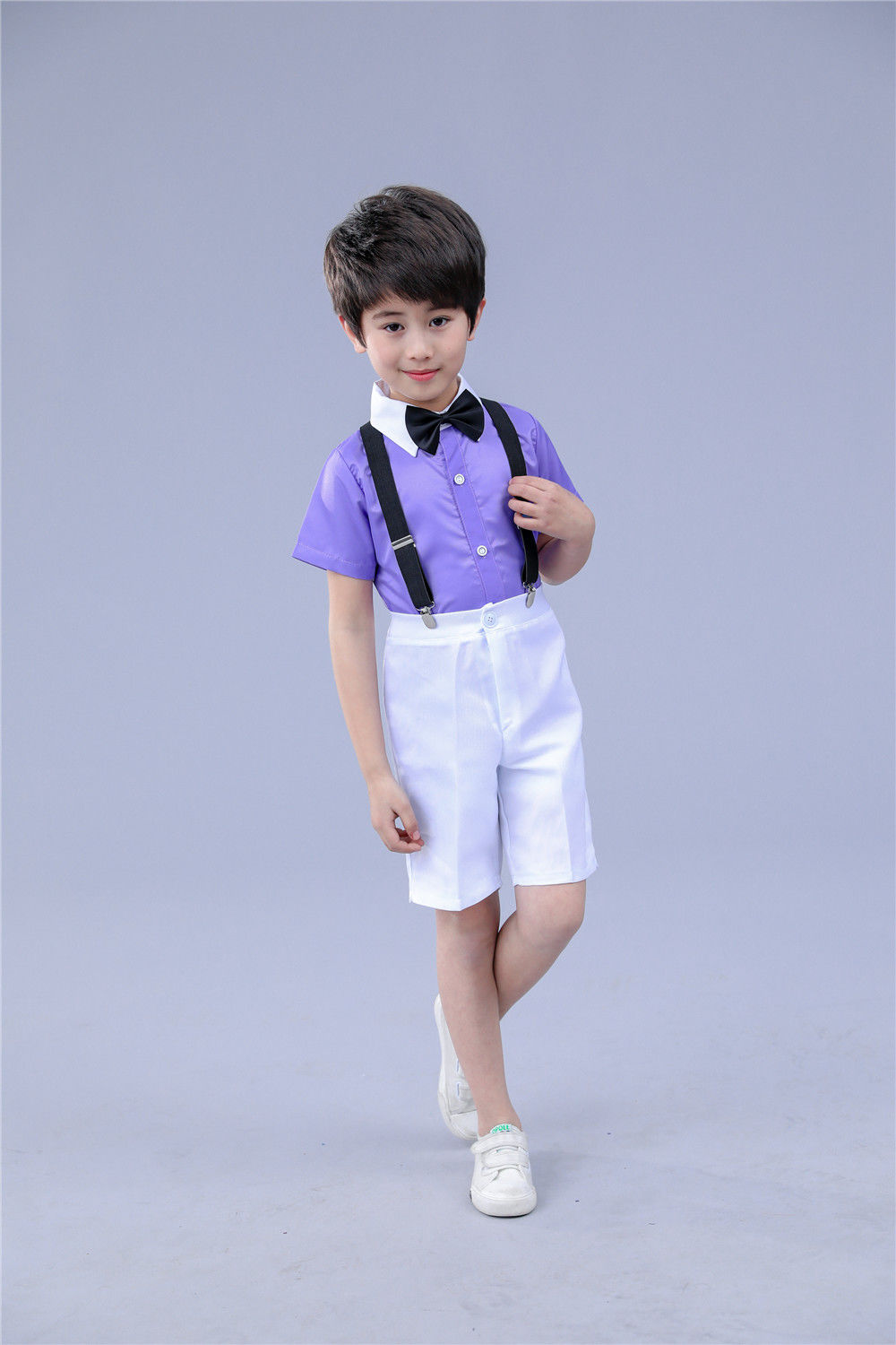 儿童背带裤演出服男童小学生幼儿毕业典礼大合照服装钢琴主持礼服白色