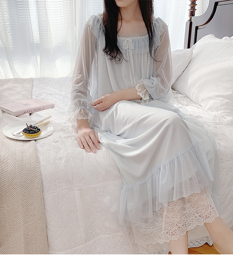 睡裙长款女过膝春秋薄款网纱性感睡衣女可爱公主风蕾丝仙女睡裙 卓