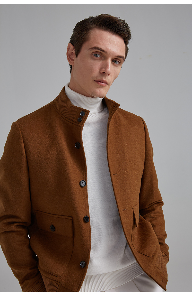baromon培罗蒙秋季新品男士短款夹克衫驼色修身时尚羊毛茄克外套