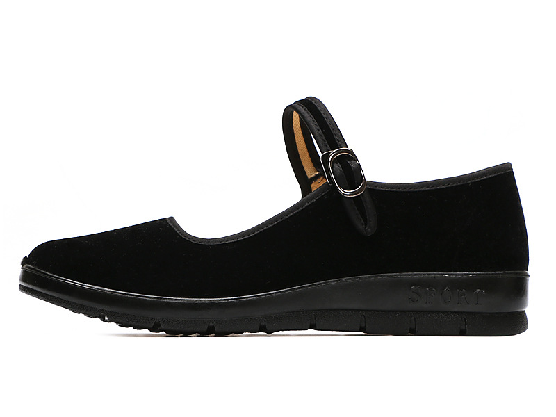 天足祥布鞋女平绒一代休闲单鞋平底加厚黑色职业酒店工作鞋