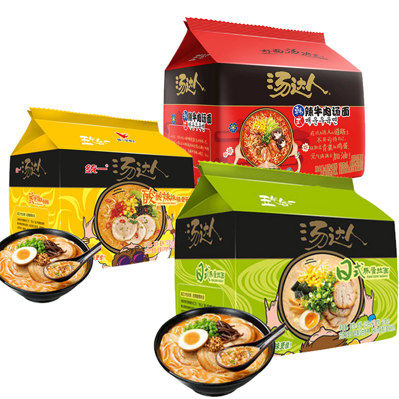 统一汤达人5连包袋装五合一酸酸辣辣日式豚骨辣牛肉泡拉面
