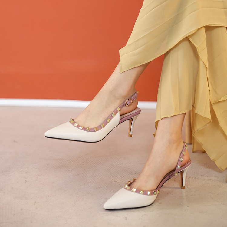 格瑞迪欧v家尖头铆钉一字带高跟鞋超高中跟绑带真皮凉鞋柳丁鞋伴娘婚