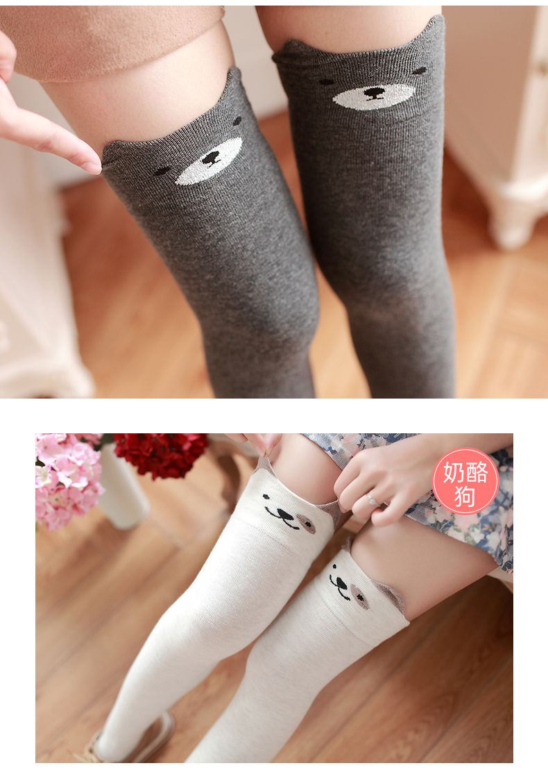 黑色猫咪春秋季卡通熊猫立体耳朵过膝袜可爱日系高筒袜子猫咪黑色长筒