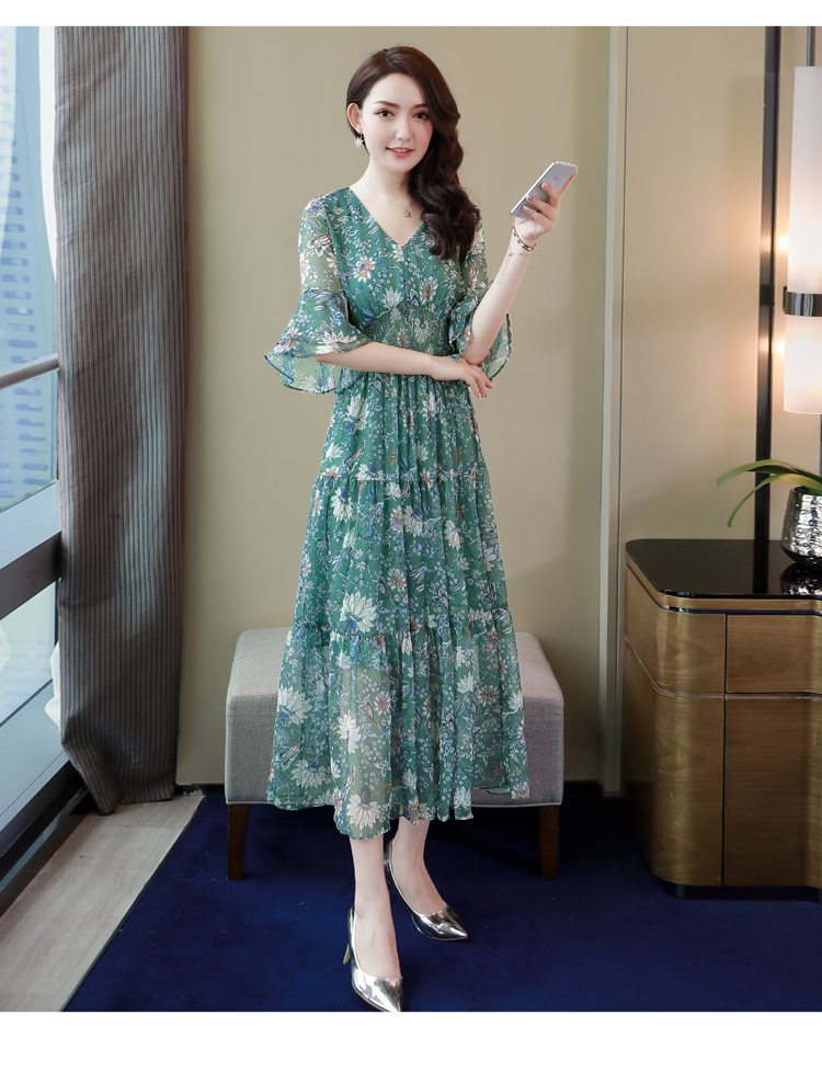 丝柏舍2020夏女v领双层喇叭袖大摆雪纺中长连衣裙s91r0920l