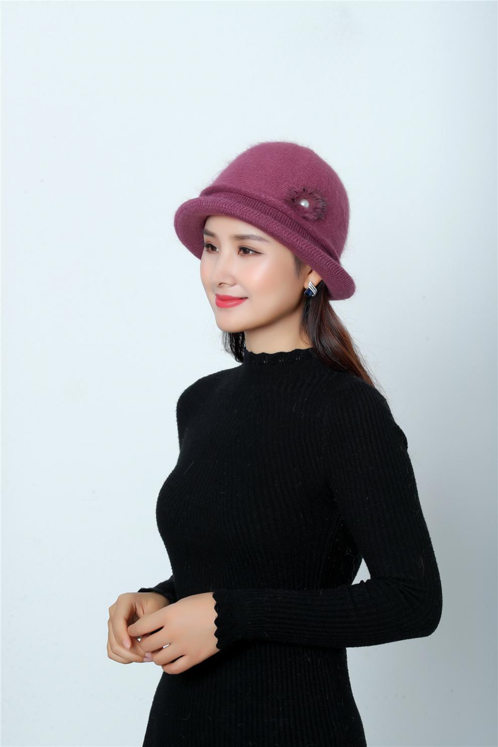 中老年女士光板礼帽带花装饰韩版秋冬季百搭优雅盆帽时尚气质高贵小