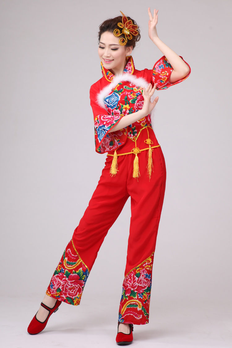 秧歌服2021新款中老年现代舞广场舞套装民族舞蹈服装演出服成人女红色