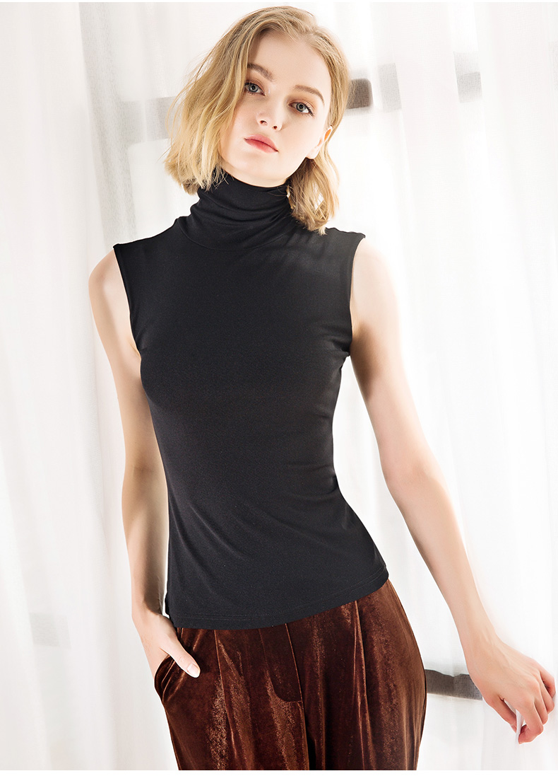2019黑色高领无袖吊带背心女外穿网纱打底衫内搭紧身上衣坎袖t恤