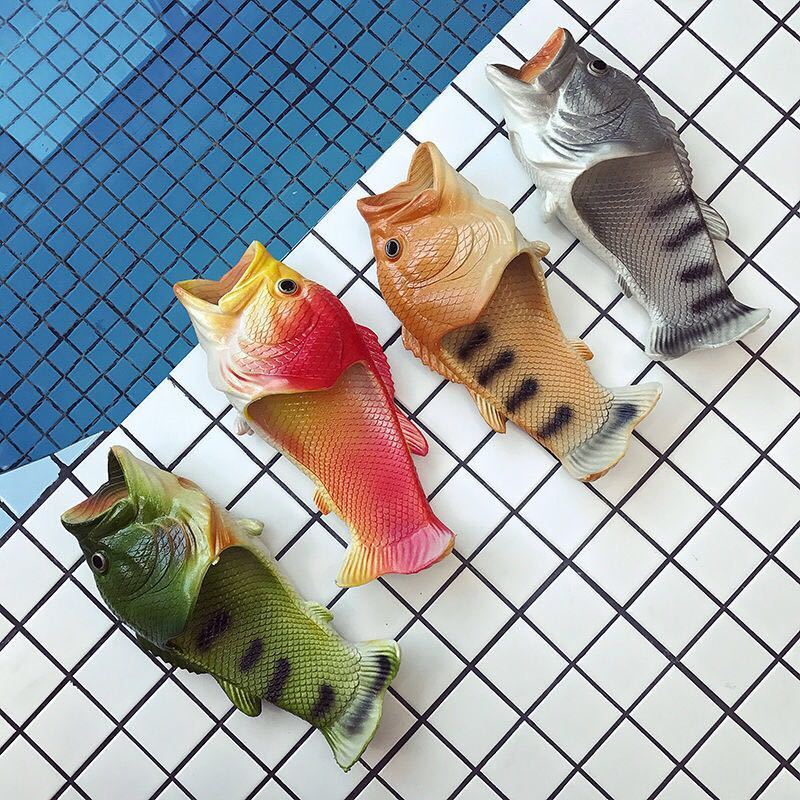 绿色2425码鱼拖鞋女夏搞怪创意个性鱼头鱼嘴亲子情侣浴室内沙滩鱼形鞋