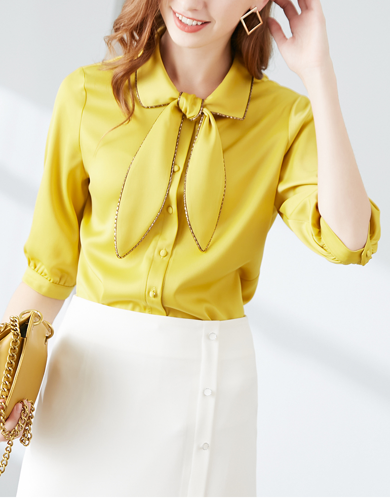 晚白2020夏季新品时尚通勤简约纯色翻领单排扣中袖淑女衬衫衬衣女