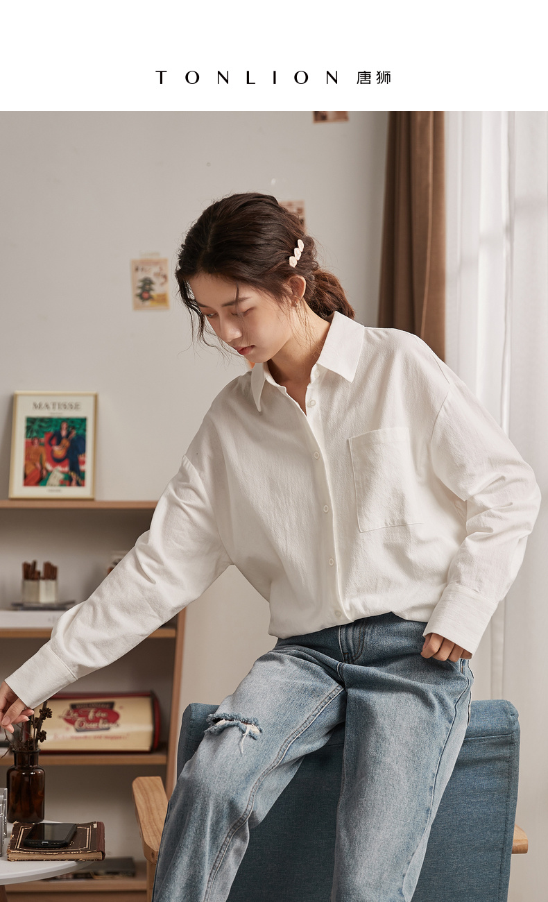 【直降】唐狮春新款衬衫女青年宽松白色时尚休闲棉质落肩长袖衬衫