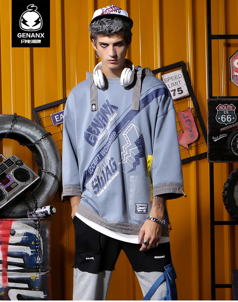 genanx闪电潮牌运动帽衫男2019春季新款灰蓝色七分袖连帽卫衣男士insw