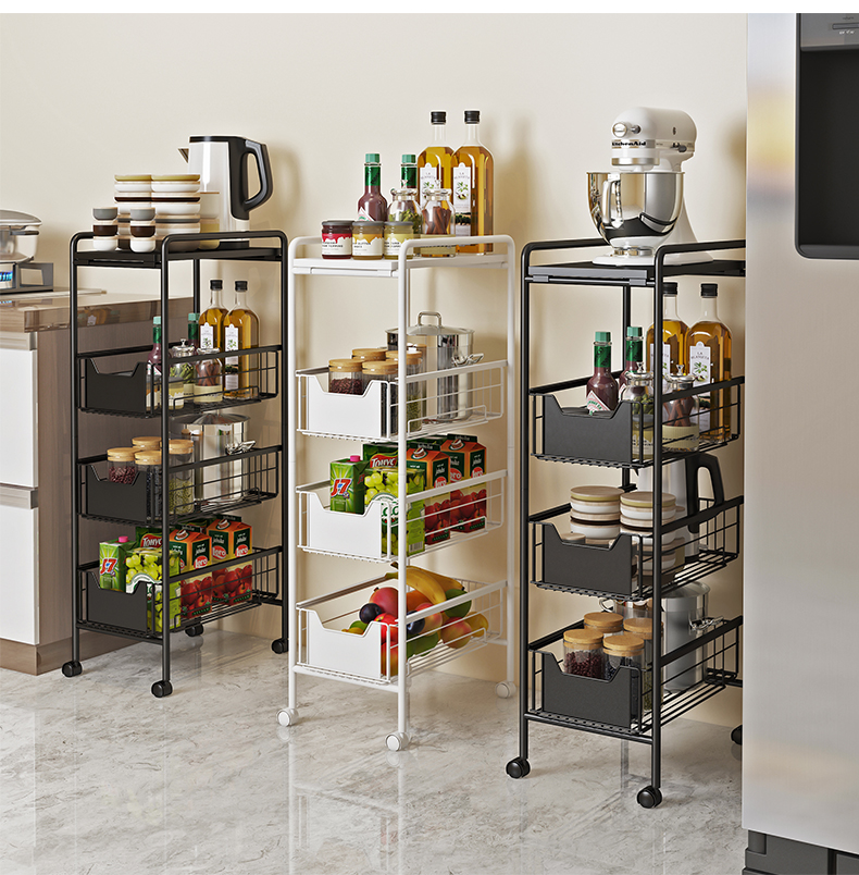 冰箱夹缝隙收纳厨房置物架小推车落地多层带轮可移动蔬菜侧边窄缝三维