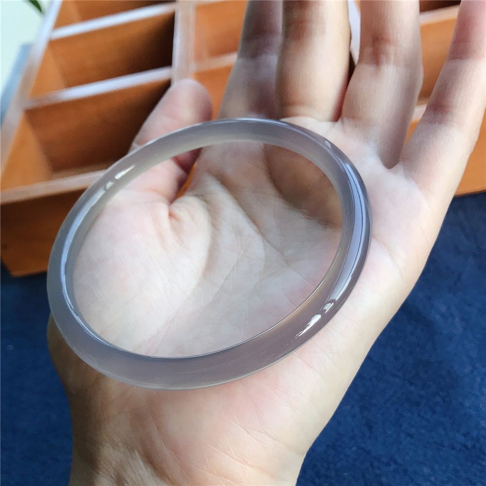 内径53mm风景旧曾谙天然冰种烟灰玉髓细圆条手镯冰灰玛瑙镯子女士玉镯