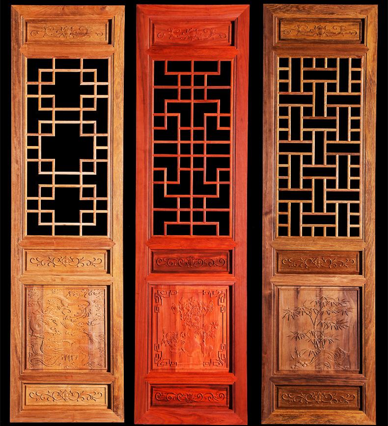 森美人月亮花格窗中式仿古花窗落地屏风实木刻装饰户外防护围护栏