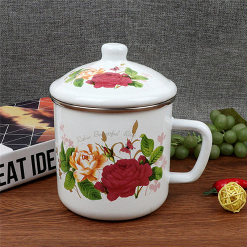 《1l大容量搪瓷水杯复古经典加厚搪瓷缸子带盖老式铁茶杯大号马克杯