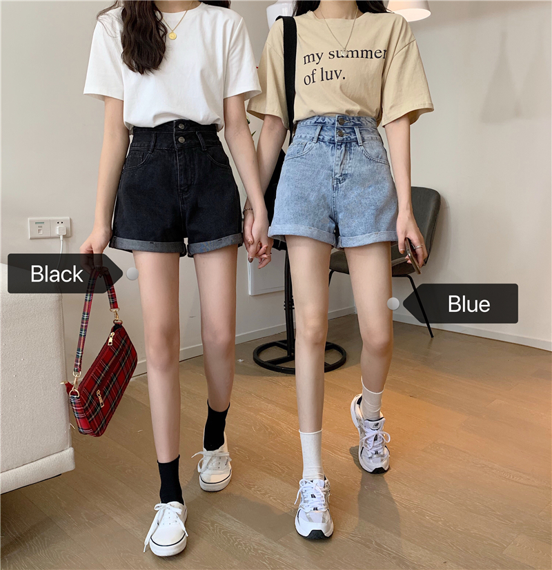 2020夏季新款韩版两粒扣高腰牛仔短裤闺蜜装裤百搭卷边阔腿裤女