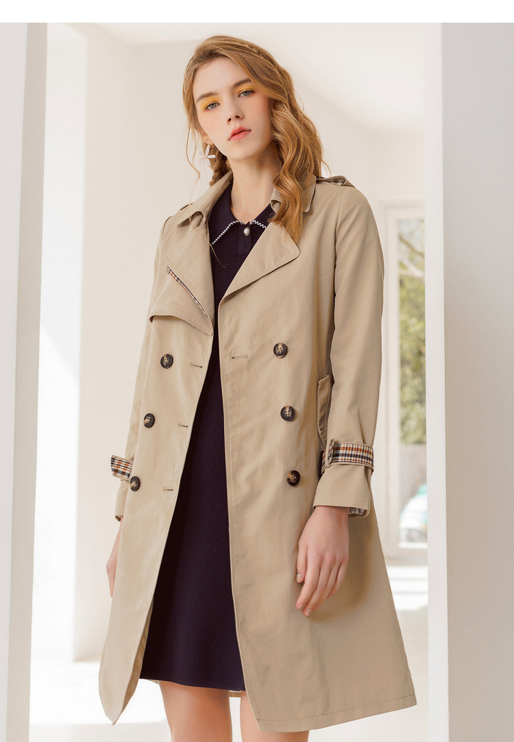 lagogo拉谷谷新款时尚西装领双排扣简约修身中长款风衣女