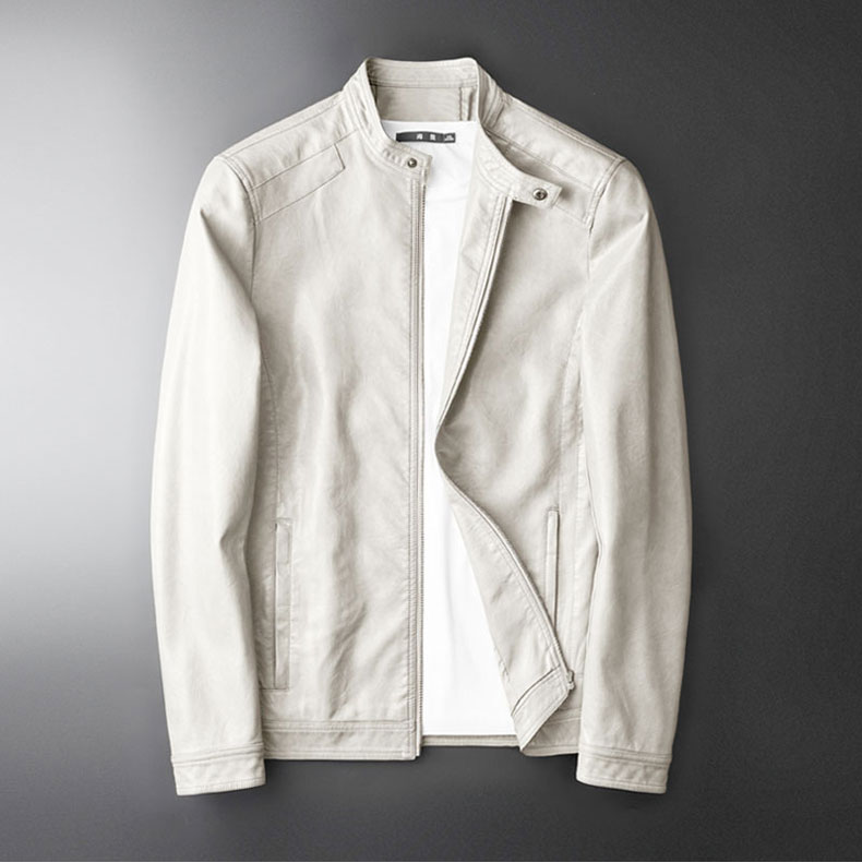 希杰狮王白色皮衣男修身韩版帅气薄款青年潮流机车服pu皮夹克男士外套