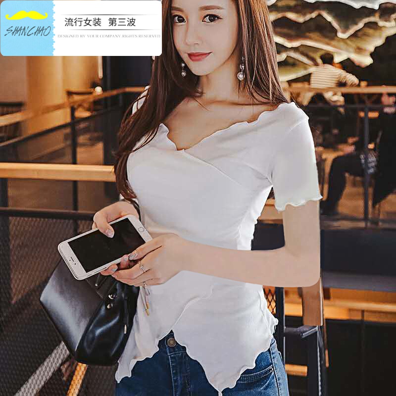 闪潮(shanchao)女士t恤 闪潮内搭白色低领性感打底衫洋气胸大女上衣