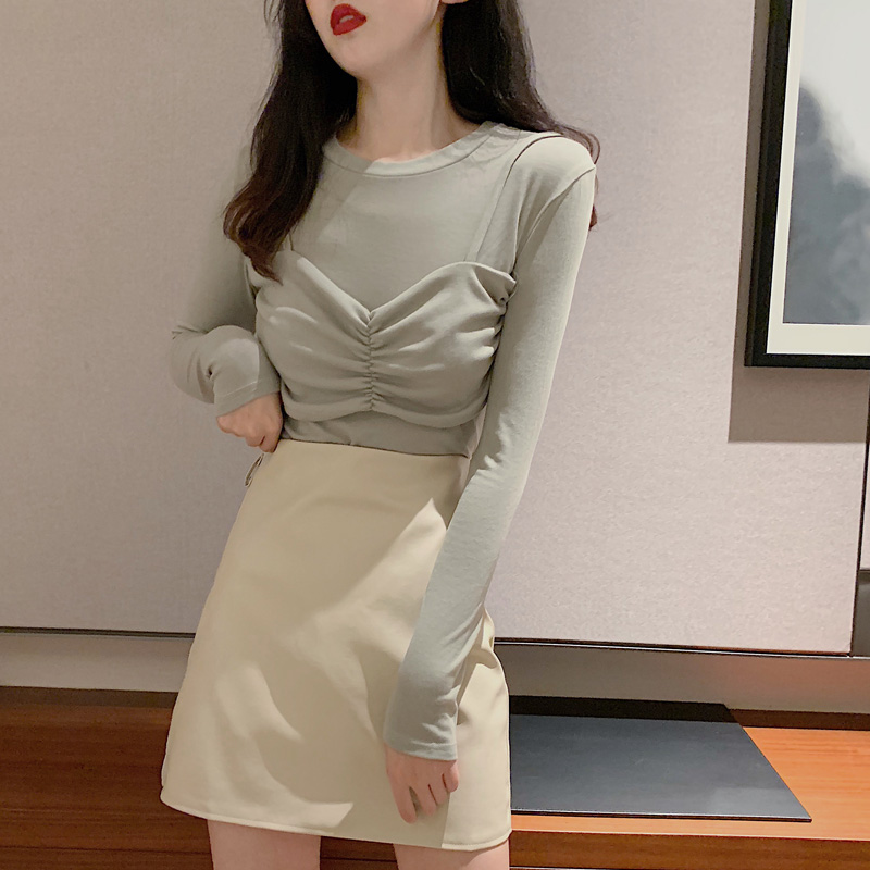 孜牧欧货小众设计感气质成熟收腰长袖t恤女早秋时髦修身显瘦打底上衣